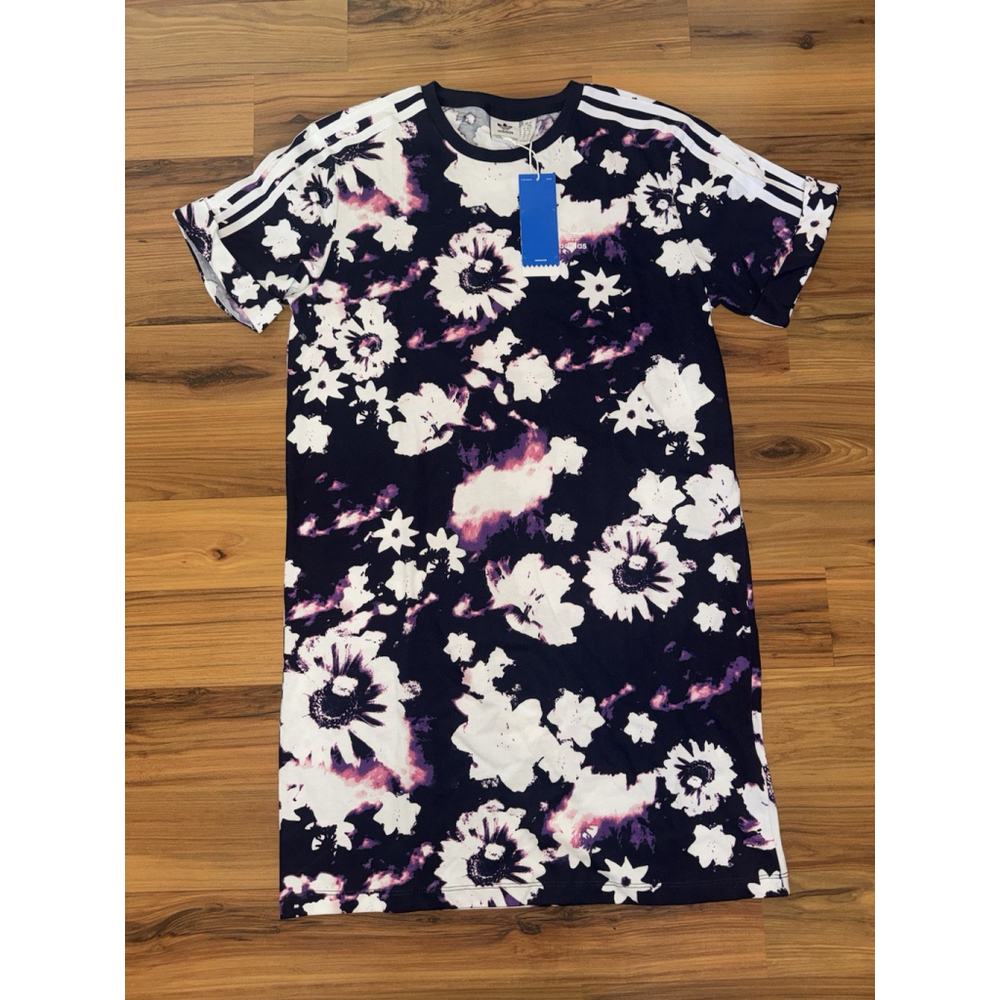 Adidas Originals Floral T Shirt Dress XS Navy Purple Trefoil Streetwear Sporty